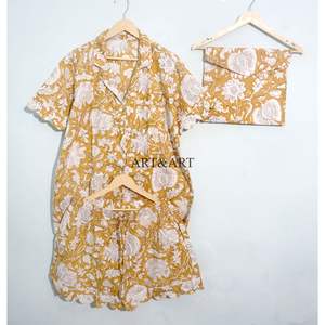 Ensemble pyjama 3 pièces en coton pur à 100 %, élégant et classique, pour les vacances d'été, avec short imprimé kangourou et fermeture à cordon, poches - Product Image 5