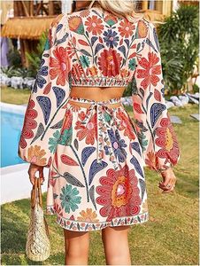 Vestido Mini de Verano para Mujer, Estilo Tropical, Cintura Alta, Manga Farol, con Lazos en la Espalda - Product Image 3