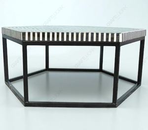 Handmade Bone Inlay Hexagon <b>Coffee</b> <b>Table</b> Black <b>White</b> Geometric Stripe Pattern Iron Base Modern Living Room Center Furniture - Product Image 4