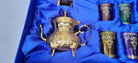 Service à thé oriental marocain en or avec plateau et théière, qualité alimentaire, pour fêtes, coffret cadeau JM INTERNATIONAL Verre et métal