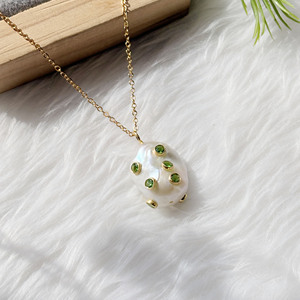 Handmade Freshwater Pearl Pendant <b>Necklace</b> With Green CZ Accent Handmade Gold Plated Baroque Pearl Jewelry Gift for Women - Product Image 3