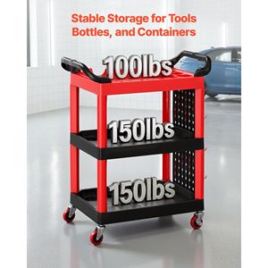 Chariot utilitaire robuste à 3 niveaux, capacité de 300 lb, roues pivotantes à 360 degrés avec 2 freins, chariot de service roulant en plastique pour la cuisine - Product Image 3