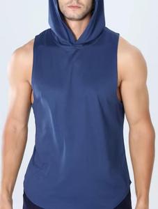 เสื้อกล้ามมีฮู้ดผู้ชาย สีพื้น คอกลม ผ้าถัก ระบายอากาศ แห้งเร็ว โพลีเอสเตอร์ 100% สไตล์ลำลอง สตรีทแฟชั่น สีน้ำเงินด้านหน้า - Product Image 1