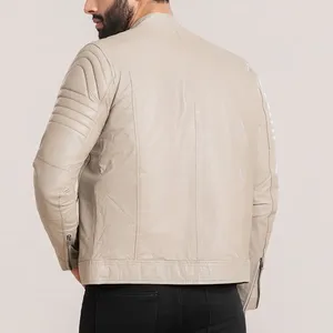 Men's Stylish Genuine Leather Solid Slim Fit Zip-Up <b>Biker</b> <b>Jacket</b> with Breathable Zipper Chest Pockets for Winter - Product Image 3