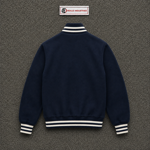 Veste universitaire en laine bleu marine, veste de baseball classique avec col, poignets et ourlet côtelés à rayures blanches, boutons-pression noirs - Product Image 6