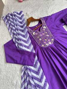 <b>women</b> purple v neck embroidered silk ethnic a line <b>kurti</b> with zigzag print scarf stylish party wear traditional outfit - Product Image 1