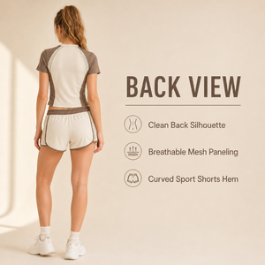 Ensemble de sport 2 pièces pour femme, beige et marron, avec empiècements en maille, manches courtes, col rond, tenue de sport printemps-été - Product Image 2