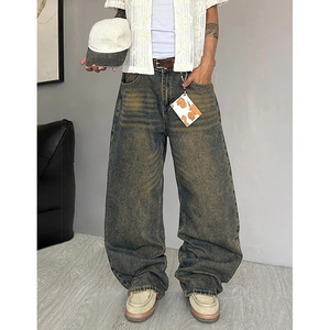 Men Relaxed Fit Wide Leg Denim Jeans Washed Black Baggy Casual Streetwear <b>Pants</b> Wholesale - Product Image 2