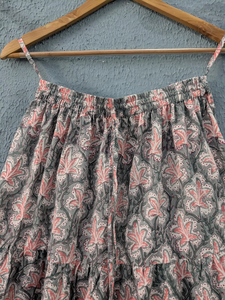 Elegant Grey Floral Tiered Maxi <b>Skirt</b> crafted in soft breathable cotton for effortless style and festive comfort - Product Image 4