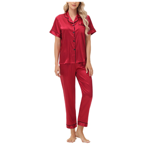 Ensemble pyjama en satin pour femmes, manches courtes, boutonné, col cranté, pantalon long, couleur rouge unie, vêtements de détente, 2 pièces - Product Image 1