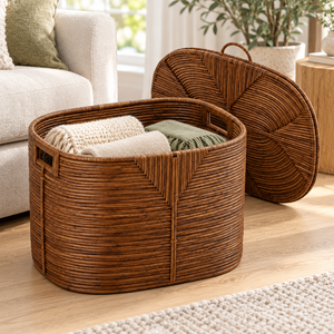 Panier à linge ovale en rotin naturel personnalisé avec couvercle, anti-poussière, résistant à l'eau, organiseur de vêtements, bac de rangement pour salon - Product Image 6