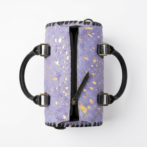 Luxury Purple Genuine Leather Cowhide Mini Speedy Duffel Bag With <b>Gold</b> Speckles And Green Gem Clasp Double Handle Zipper Closure - Product Image 4