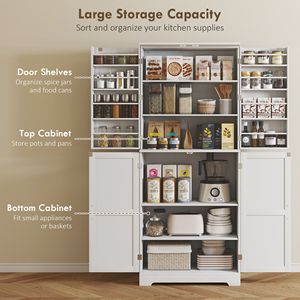72\" Tall White Farmhouse <b>Kitchen</b> Pantry Cabinet 4 Barn Doors & 8 Door <b>Shelves</b> 4 Adjustable Wood & Aluminum <b>Shelves</b> - Product Image 4