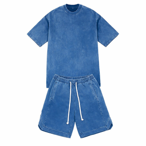 Ensemble 2 pièces décontracté pour homme : T-shirt en coton tricoté bleu uni et short d'été - Product Image 1
