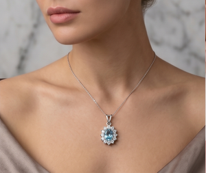 Collar de Lujo con Colgante Ovalado Azul Elegante con Diamantes Cultivados en Laboratorio |   Colgante Halo |   Joyería Fina Clásica - Product Image 4