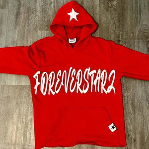 Foreverstar2 <b>Red</b> Hooded <b>Sweatshirt</b> <b>Men's</b> Oversized Streetwear Cotton Pullover With Star Logo Front Print Autumn Style - Product Image 1