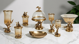 Ensemble de verrerie et de vaisselle en métal sur le thème de la faune, motif guépard doré antique, support à gâteau, gobelets et pots, décoration de table haut de gamme - Product Image 2