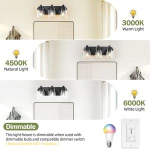 Lampada da Bagno a 3 Luci Nero Opaco con Paralume in Vetro Trasparente, Illuminazione Moderna per Specchio e Mobile da Bagno - Product Image 5