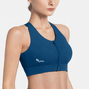 Ishaq Women's <b>Blue</b> High Support Racerback Sports <b>Bra</b> Zip Front Design Seamless Spandex/Nylon Material for Yoga Running Fitness - Product Image 1