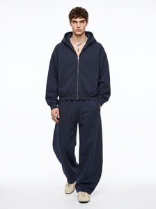 Ensemble de survêtement unisexe bleu marine à capuche, épais, 2 en 1, 100% coton, coupe classique, couleur unie, vêtements décontractés avec poches latérales et fermeture éclair - Product Image 3