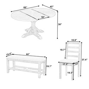 Set da Pranzo Stile Fattoria con Tavolo Allungabile da 60 Pollici, 6 Sedie, Prolunga Rimovibile da 18 Pollici, Panca da 44 Pollici e 4 Sedie a Scala - Product Image 6