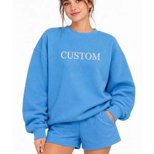 Compre Conjuntos de Dos Piezas de Sudaderas Personalizadas OEM para Mujer, Sudadera Holgada con Cuello Redondo y Pantalones Cortos al por Mayor - Product Image 3