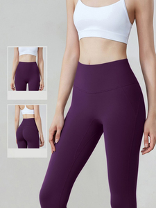 Full Length High Waist Solid Purple Yoga With <b>Pockets</b> Seamless Elastic Waist Four-Way Stretch Yoga <b>Leggings</b> By Run Apparel - Product Image 2