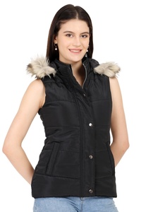 Gilet matelassé noir sans manches pour femme avec capuche en fourrure, vêtement d'extérieur décontracté, longueur standard, couleur unie, fermeture à simple boutonnage - Product Image 4