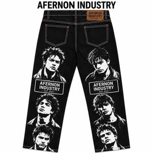 AFERNON INDUSTRY Men's Black Printed Street Style Casual <b>Jeans</b> <b>Elastic</b> <b>Waist</b> Acid Wash 100% Cotton Canvas Lightweight Summer - Product Image 2