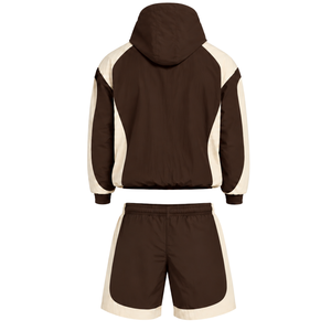 Conjunto Deportivo para Hombre, Sudadera con Capucha y Pantalones Cortos de Nailon Color Marrón Neutro, Ligero, con Cierre de Cremallera, para Atletismo, Running, Entrenamiento y Uso Casual - Product Image 1
