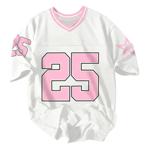 Camiseta de malla blanca y rosa para mujer, número 25, cuello en V, manga corta, ajuste holgado, transpirable, informal, con decoración de estrellas - Product Image 1