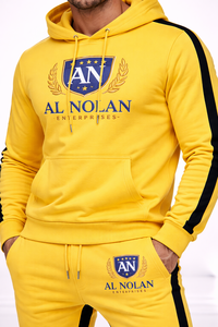 Ensemble de survêtement jaune pour homme, sweat à capuche et pantalon de jogging, logo personnalisé, vêtements de sport, rayures noires, streetwear, vente en gros - Product Image 2