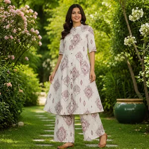 Ensemble Kurta Plazo en coton imprimé crème pour femme, manches trois quarts, col mandarin, motif géométrique, tenue ethnique deux pièces - Product Image 4
