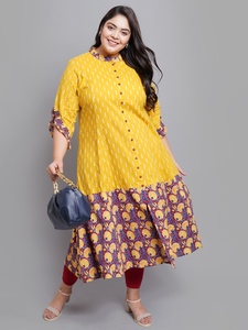 Cotton Anarkali <b>Kurti</b> In Mustard Ikat And Floral Print With Ruffle Sleeves Mandarin Collar For Plus Size Women's Wear - Product Image 4