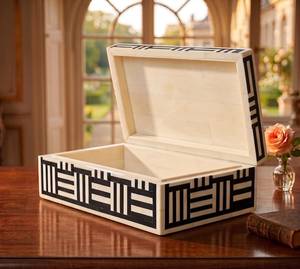 Caja de Joyería Rectangular de Madera Ecológica con Diseño Geométrico en Blanco y Negro, Decoración Minimalista para Sala de Estar - Product Image 2
