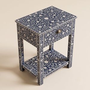 Table de chevet de luxe bleu marine avec incrustations en os, 1 tiroir, motif clé grecque, meuble de chevet indien fait main pour chambre à coucher - Product Image 3