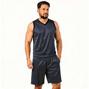 Conjunto de Camiseta sin Mangas con Cuello en V y Pantalones Cortos a Rayas para Hombre, Estilo Casual de Verano, Tela Transpirable de Satén - Product Image 1