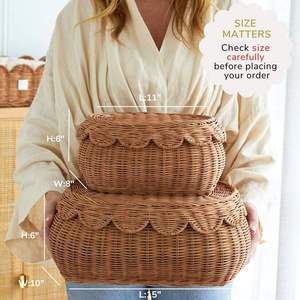 Panier en rotin festonné élégant avec couvercle, idéal pour le rangement de la crèche, tressé à la main, 2 petits paniers festonnés - Product Image 3