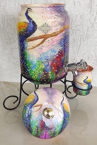 Distributeur d'eau en cuivre coloré avec motif paon sur support métallique - Product Image 6
