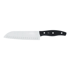Couteaux Santoku noirs à manche riveté courbé avec lame ovale alvéolée argentée pour trancher la papaye, hacher les légumes et couper les aliments en dés - Product Image 5