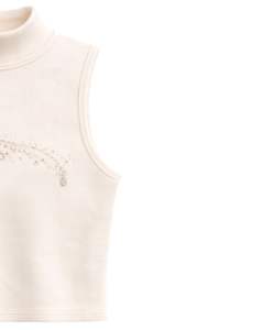 Débardeur côtelé blanc personnalisé pour femme à col montant avec bande de strass, sans manches, été, fabrication sur mesure - Product Image 3