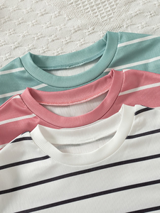 Lot de 3 T-shirts décontractés pour filles Ruixing, à manches courtes, col rond, imprimé uni, ourlet à franges, en polyester, Printemps/Été - Product Image 4