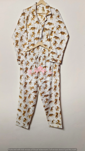 Hand-Block Printed Leopard Motif Knitted Cotton Eco-Friendly Breathable Women's Pajama Set Elegant White Full-Sleeve Button-<b>Down</b> - Product Image 5
