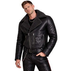 Men Shearling Leather <b>Jacket</b> Genuine Sheepskin Winter Biker <b>Jacket</b> Custom Warm <b>Fur</b> <b>Lined</b> Aviator <b>Jacket</b> - Product Image 1