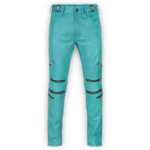 Pantalon de motard turquoise pour homme, taille haute, coupe droite, avec fausses fermetures éclair, en polyester mi-lourd, idéal pour l'été - Product Image 1
