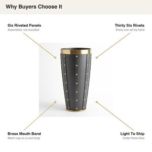 Vase de sol cylindrique en aluminium fait main de 26 cm, graphite et laiton, six rivets, design industriel, WB Inc, pour la décoration intérieure - Product Image 5