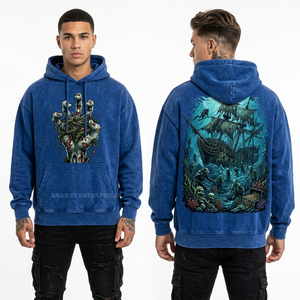 Sweat à capuche pour homme bleu marine délavé à l'acide, motif personnalisé plongeur naufragé, thème pirate zombie sous-marin, en molleton de coton épais - Product Image 1