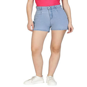 Nouveau style – Short en jean léger pour femme, taille haute, blocs de couleur, coutures apparentes, idéal pour l'été - Product Image 1