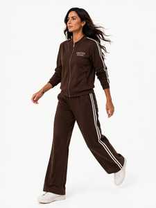 ONETEN APPAREL Ensemble de survêtement en coton marron pour femme, veste à col montant zippée, pantalon long à rayures latérales - Product Image 2