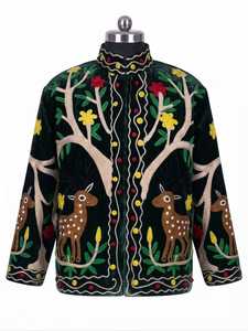 Vintage Embroidered <b>Velvet</b> <b>Jacket</b> <b>Women</b> Stand Collar Button Floral Long Sleeve Coat - Product Image 5